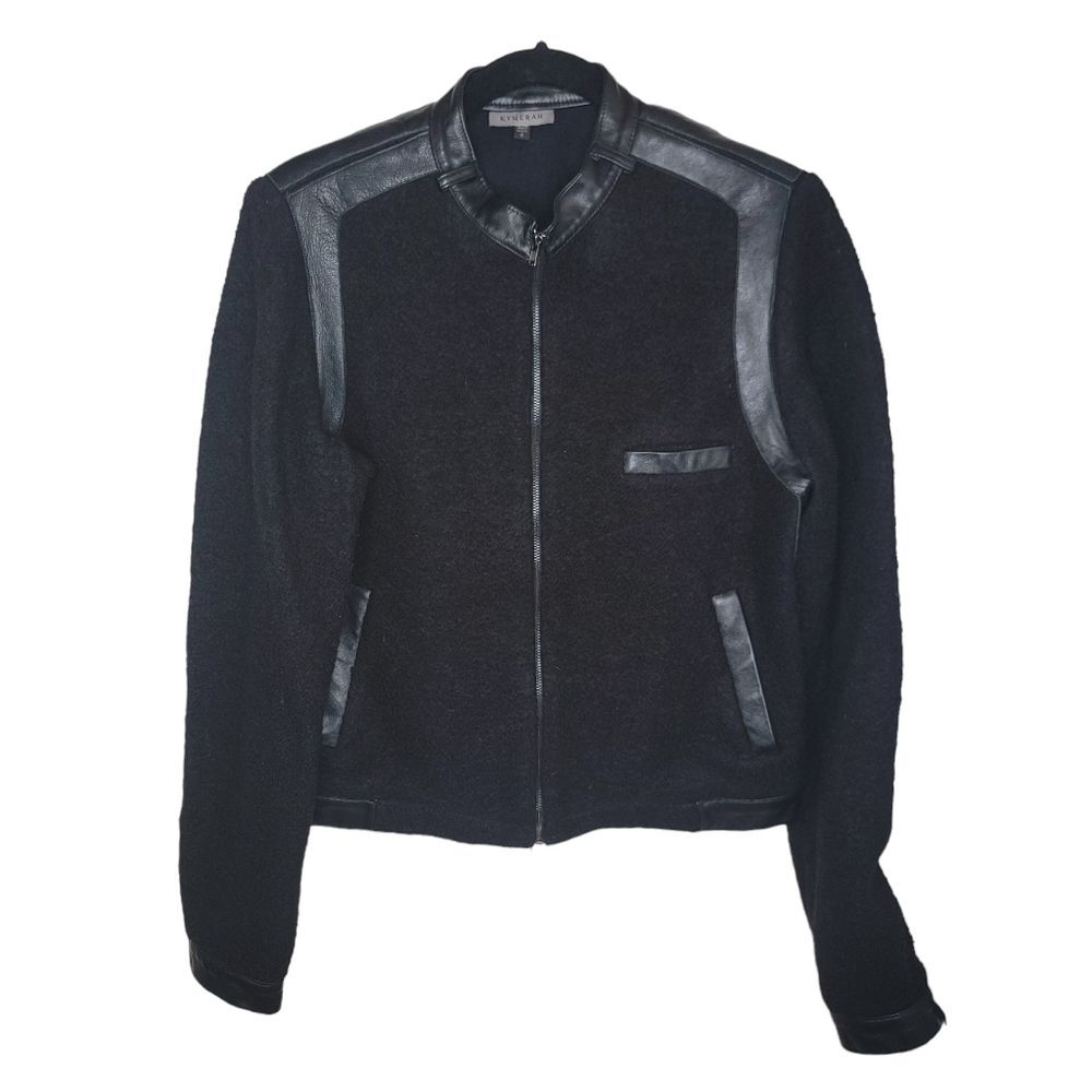 Kymerah Designer Leather & Wool Black Bomber Jacket Womens Sz 8